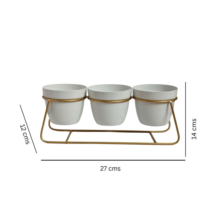Tabletop 3 Tier White Tuscan Style Metal Planter Flower Pot with Golden Plane Stand | Planter Indoor Office Garden Balcony Living Room Outdoor Plants Set of 3 POTS (White)| Gardening | Planters