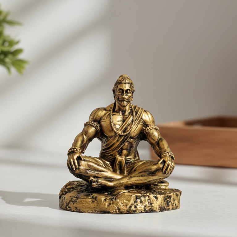 Dhyan Hanuman Idol for Home and Car Decor | Meditation Pose Resin Statue for Car Dashboard, Office & Temple | Hanuman Ji, Bajrang Bali | Antique Golden Matt Finish Murti (9.5 × 7.5 × 11 cm)
