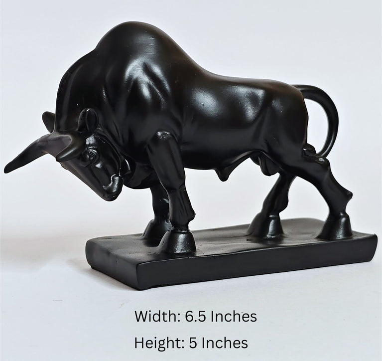 Black bull statue on a white background with dimensions displayed