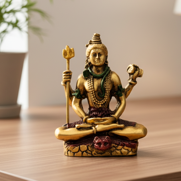 Shiva Meditating Pose Resin Figurine (Dhyan Shiva) | 7x4x8 cms Compact Decorative Idol | Home & Office Decor, Car Dashboard Statue | Golden-Multicolour | Dhyan Mahadev | Adiyogi Shiva