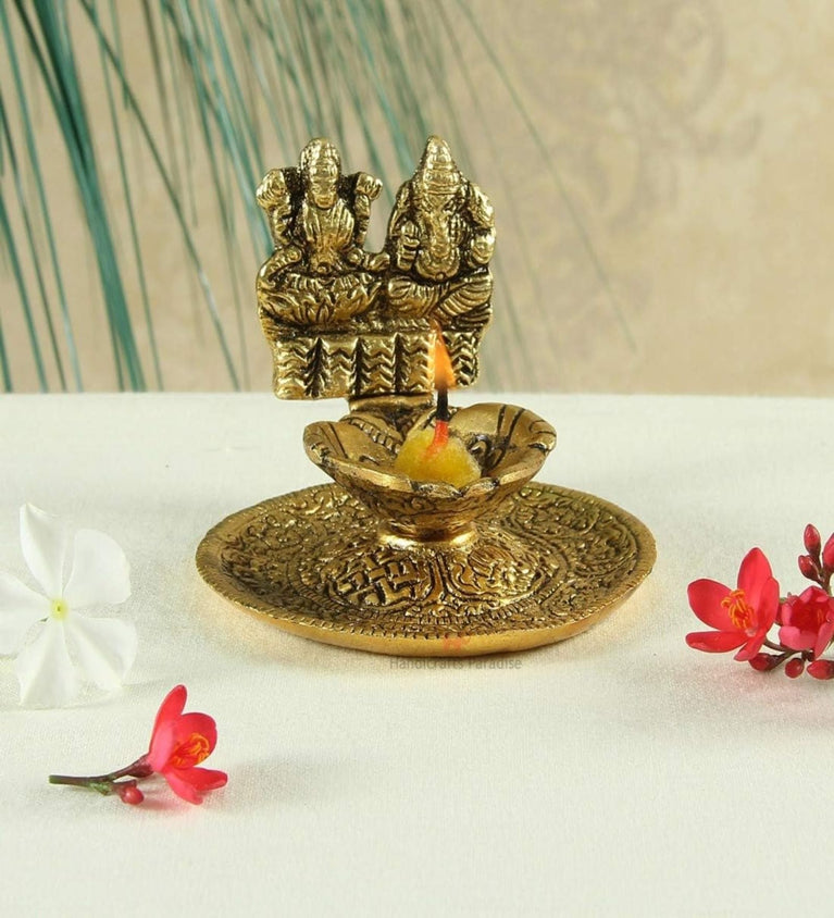 Goddess Laxmi & Lord Ganesha Golden Metal Diya | Brass | Metal Handicrafts | God Idol | Diya