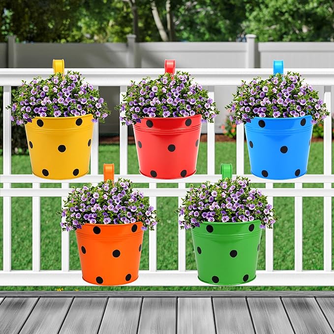 Polka Dot Railing Planters | Hanging Metal Planter Pot | Gamla for Balcony | Bucket Planter for Home Decor