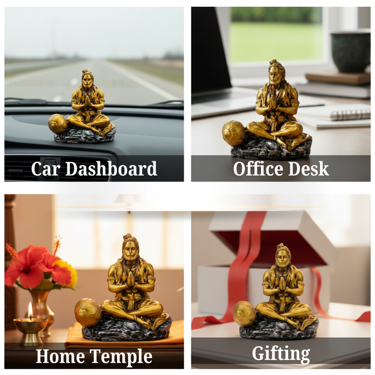 Hanuman Ji Idol for Car Dashboard – Dhyan Pose | Meditation Hanuman Ji | Premium Resin Murti for Home Temple, Office Desk & Gift | 9 x 7 x 9 cm Golden Showpiece | Housewarming