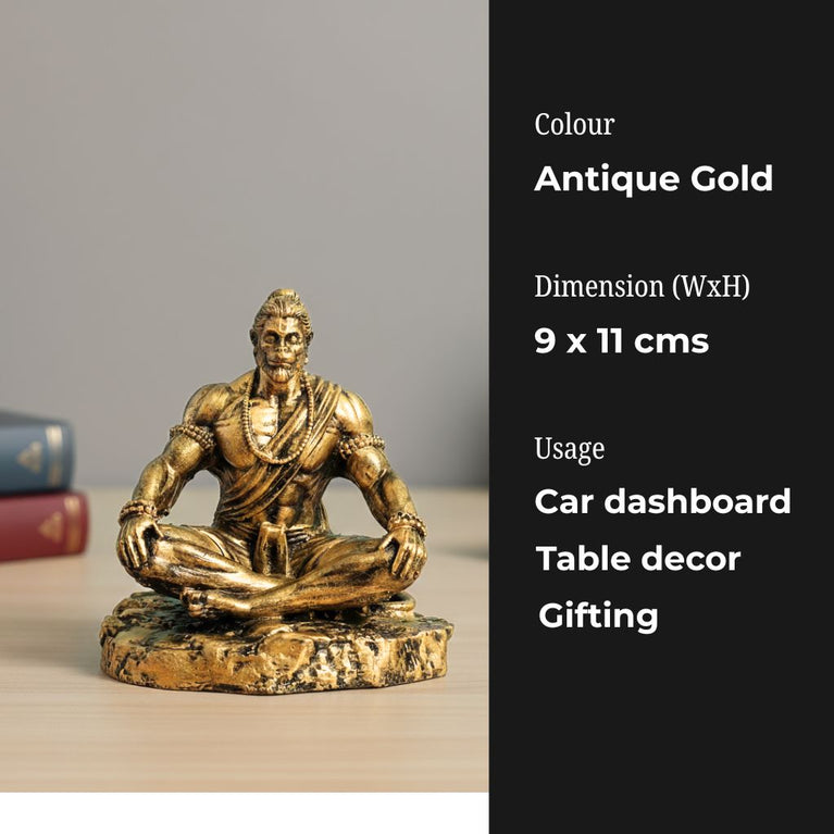 Dhyan Hanuman Idol for Home and Car Decor | Meditation Pose Resin Statue for Car Dashboard, Office & Temple | Hanuman Ji, Bajrang Bali | Antique Golden Matt Finish Murti (9.5 × 7.5 × 11 cm)