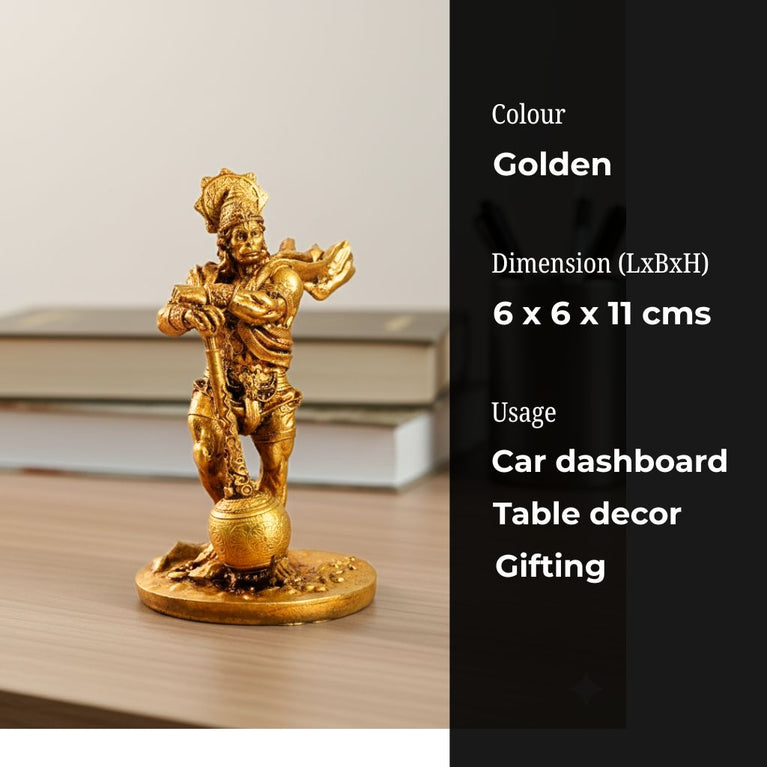 Bahubali Hanuman Resin Showpiece | Golden Finish | 6×6×11 cm | Divine Car Dashboard Idol & Home Decor Statue | Compact Hindu God Figurine for Positive Energy & Gifting