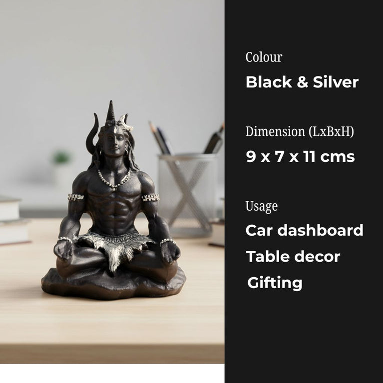 Dhyan Shiva for car Dashboard and Home | 9cms x 7cms x 11cms (LxBxH) | Car Dashboard mahayogi, adiyogi | Housewarming Gift | Car Dashboard Idol | Resin | Table Decor (Black)