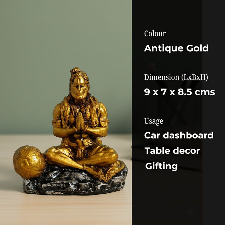 Hanuman Ji Idol for Car Dashboard – Dhyan Pose | Meditation Hanuman Ji | Premium Resin Murti for Home Temple, Office Desk & Gift | 9 x 7 x 9 cm Golden Showpiece | Housewarming