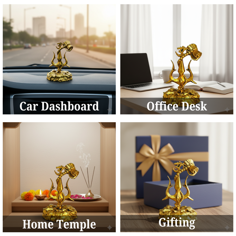 Golden Trishul Damroo Showpiece | Shiva Trishul Damroo | Premium Resin Om Trishul Idol for Car Dashboard, Home Decor & Office Desk | Spiritual Gift Item (7 x 7 x 12 cm)