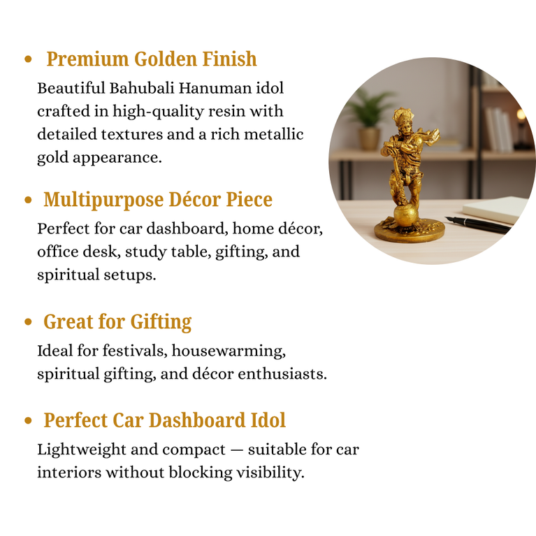 Bahubali Hanuman Resin Showpiece | Golden Finish | 6×6×11 cm | Divine Car Dashboard Idol & Home Decor Statue | Compact Hindu God Figurine for Positive Energy & Gifting