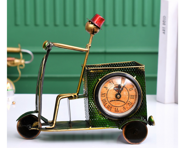 Green Scooter Pen Stand With Clock| Table Decor