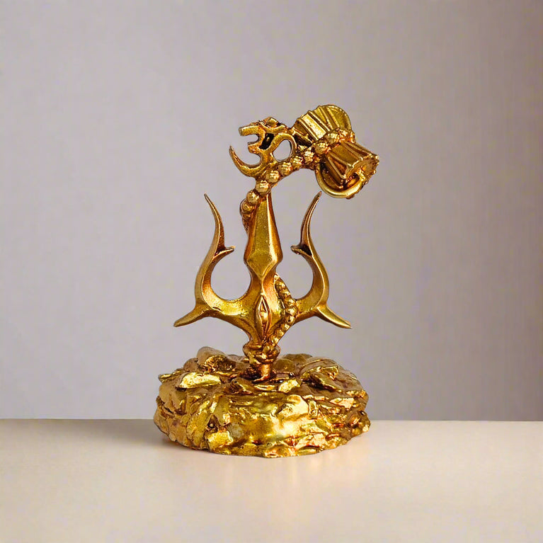 Golden Trishul Damroo Showpiece | Shiva Trishul Damroo | Premium Resin Om Trishul Idol for Car Dashboard, Home Decor & Office Desk | Spiritual Gift Item (7 x 7 x 12 cm)