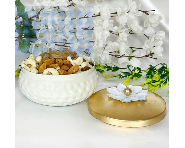 Metal Dry Fruit Box White jar with golden lid