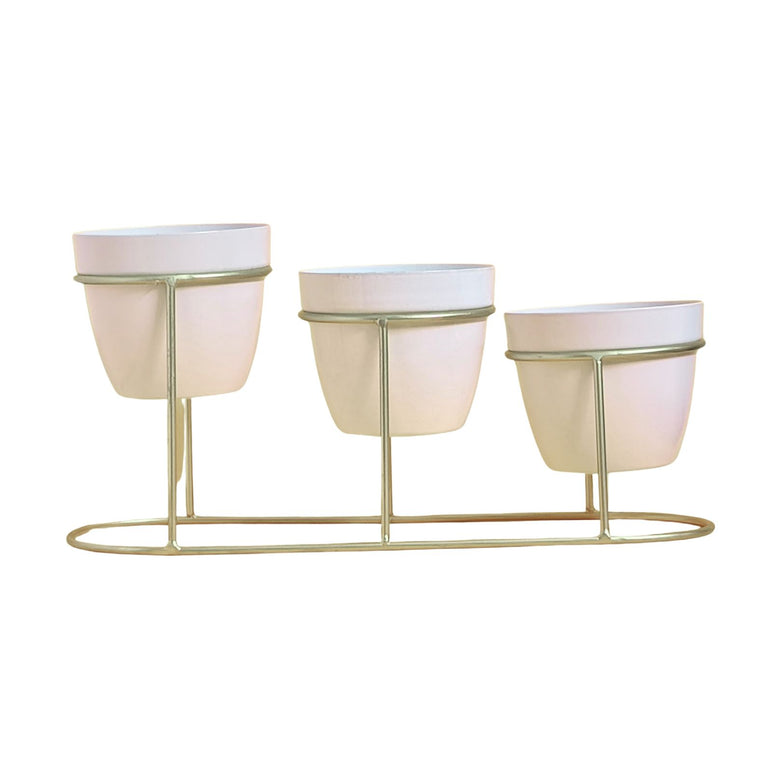 Tabletop 3 Tier White Tuscan Style Metal Planter Flower Pot with Golden Step Stand| Planter Indoor Office Garden Balcony Living Room Outdoor Plants Set of 3 POTS (White) | Gardening | Planters