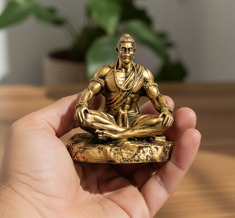 Dhyan Hanuman Idol for Home and Car Decor | Meditation Pose Resin Statue for Car Dashboard, Office & Temple | Hanuman Ji, Bajrang Bali | Antique Golden Matt Finish Murti (9.5 × 7.5 × 11 cm)