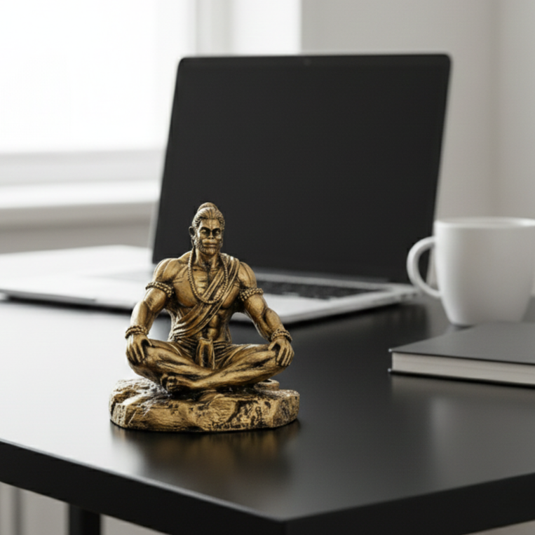 Dhyan Hanuman Idol for Home and Car Decor | Meditation Pose Resin Statue for Car Dashboard, Office & Temple | Hanuman Ji, Bajrang Bali | Antique Golden Matt Finish Murti (9.5 × 7.5 × 11 cm)