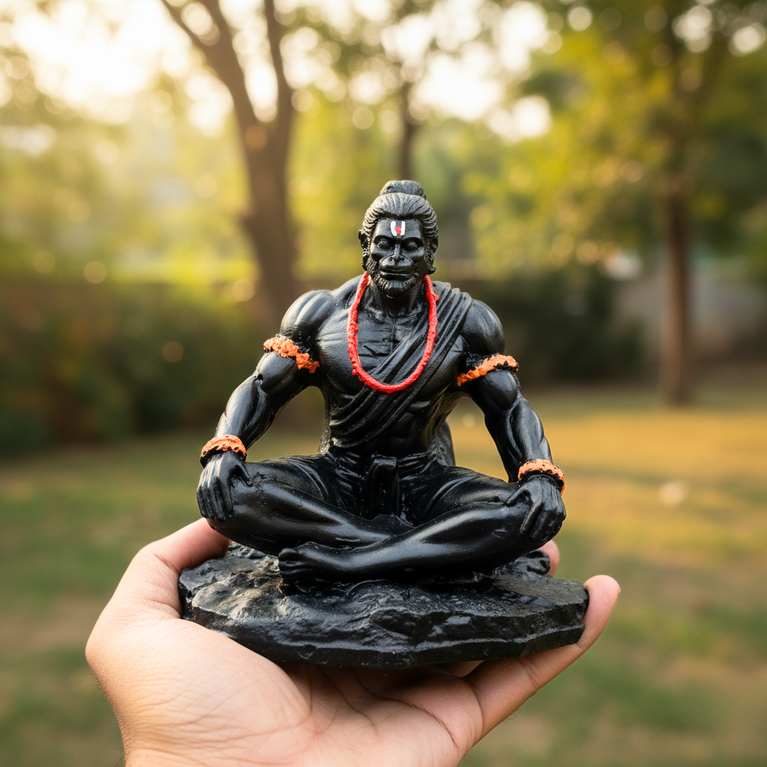 Dhyan Hanuman Black Resin Idol for Car Dashboard & Home Decor | Meditating Hanuman Ji Statue | 9.5 x 7.5 x 10.5 cm | Spiritual Showpiece for Office, Mandir & Gifting