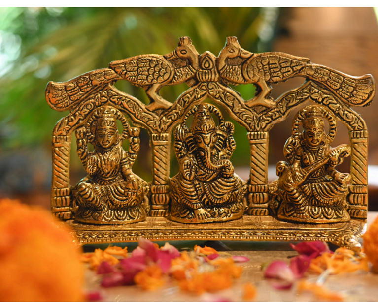 Lakshmi Ganesh Saraswati Idol | Double Peacock | Metal Handicraft | God Idol | Brass