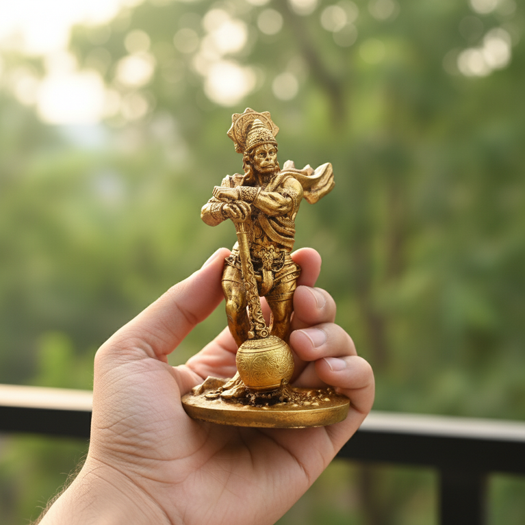 Bahubali Hanuman Resin Showpiece | Golden Finish | 6×6×11 cm | Divine Car Dashboard Idol & Home Decor Statue | Compact Hindu God Figurine for Positive Energy & Gifting