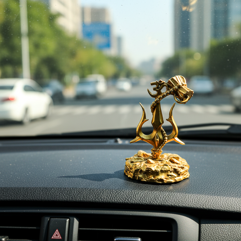 Golden Trishul Damroo Showpiece | Shiva Trishul Damroo | Premium Resin Om Trishul Idol for Car Dashboard, Home Decor & Office Desk | Spiritual Gift Item (7 x 7 x 12 cm)