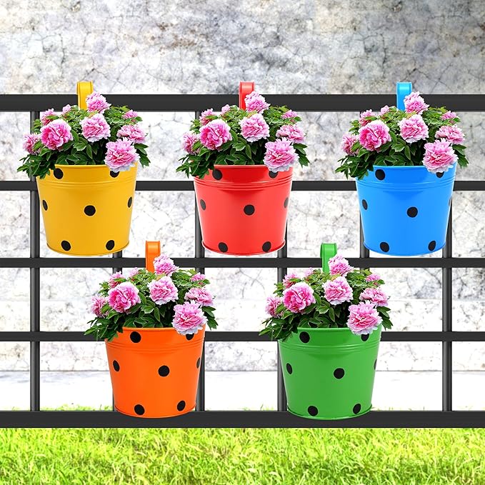 Polka Dot Railing Planters | Hanging Metal Planter Pot | Gamla for Balcony | Bucket Planter for Home Decor