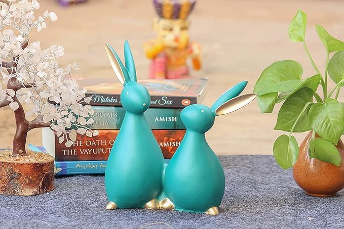 Teal Blue Resin Rabbit Couple – A Playful & Serene Charm | Home Decor | Polyresin
