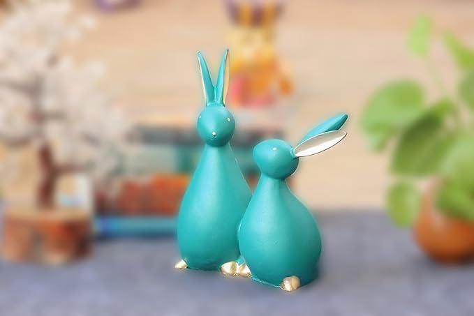 Teal Blue Resin Rabbit Couple – A Playful & Serene Charm | Home Decor | Polyresin