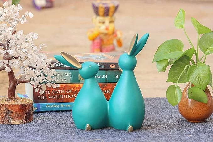 Teal Blue Resin Rabbit Couple – A Playful & Serene Charm | Home Decor | Polyresin