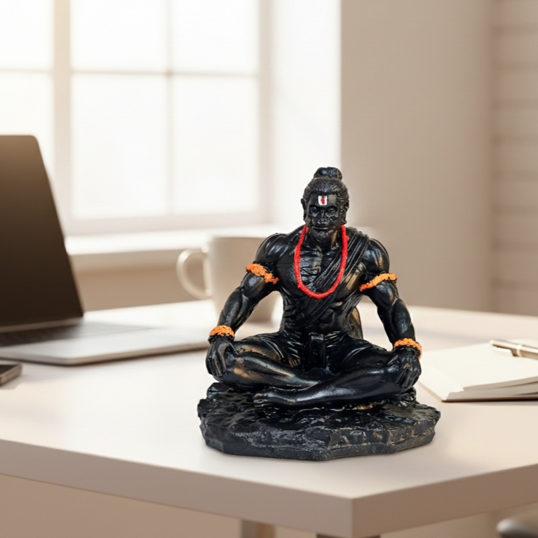 Dhyan Hanuman Black Resin Idol for Car Dashboard & Home Decor | Meditating Hanuman Ji Statue | 9.5 x 7.5 x 10.5 cm | Spiritual Showpiece for Office, Mandir & Gifting