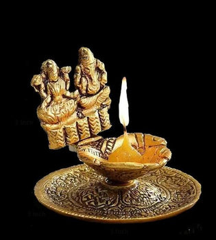 Goddess Laxmi & Lord Ganesha Golden Metal Diya | Brass | Metal Handicrafts | God Idol | Diya