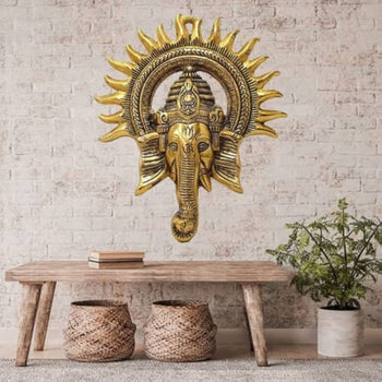 Golden Lord Ganesha with Sun Decorative Metal Decorative Showpiece | Wall Decor | Brass | Metal Handicrafts