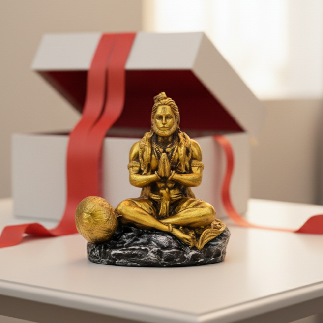 Hanuman Ji Idol for Car Dashboard – Dhyan Pose | Meditation Hanuman Ji | Premium Resin Murti for Home Temple, Office Desk & Gift | 9 x 7 x 9 cm Golden Showpiece | Housewarming