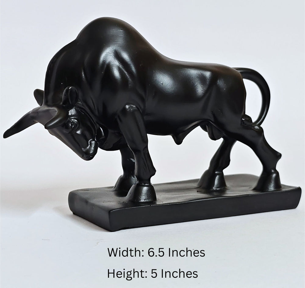 Black bull statue on a white background with dimensions displayed