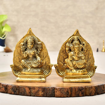 Ascension Laxmi Ganesh Set Idol on Leaf Singhasan Statue For Home Decor | Metal Handicrafts | Brass | God Idol | Pooja Item
