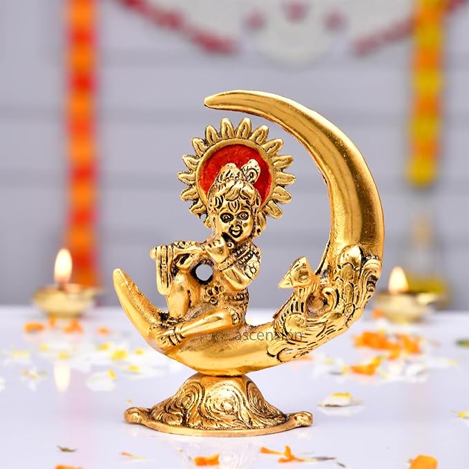 Krishna On Moon Playing Basuri Flute | Chand Gopal | Brass | Metal Handicrafts | God Idol