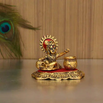 Gold-Toned & Red Baby Krishna Idol Makhan Chor | God Idol | Brass