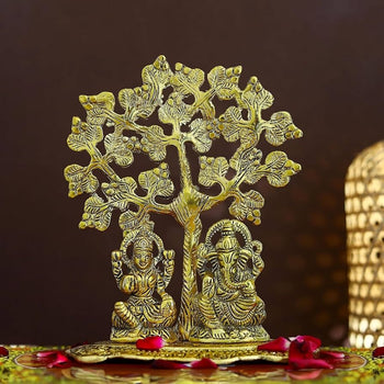 Metal Laxmi Ganesh Idol with Tree and Diya for Puja Home | Laxmi | Ganesh | God Idol | Metal Handicraft