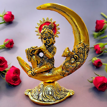 Krishna On Moon Playing Basuri Flute | Chand Gopal | Brass | Metal Handicrafts | God Idol