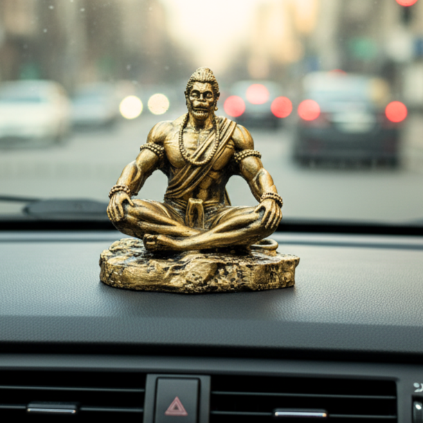 Dhyan Hanuman Idol for Home and Car Decor | Meditation Pose Resin Statue for Car Dashboard, Office & Temple | Hanuman Ji, Bajrang Bali | Antique Golden Matt Finish Murti (9.5 × 7.5 × 11 cm)