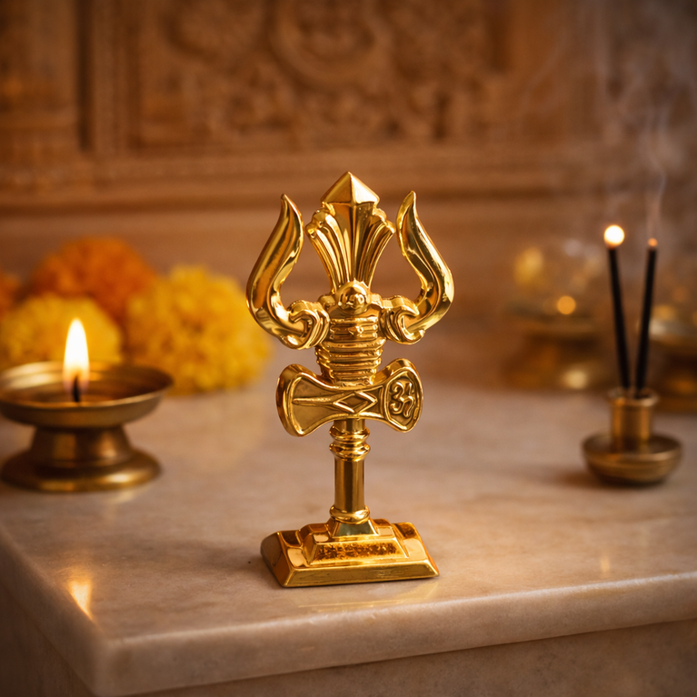 The Craftified Metal Trishul for Car Dashboard & Home Mandir | Compact 9 cm Lord Shiva Trishul Idol | Auspicious Decorative & Spiritual Gift | 4.5 x 2 x 9.5 cms (Gold)