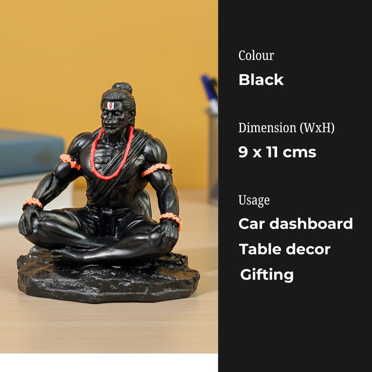 Dhyan Hanuman Black Resin Idol for Car Dashboard & Home Decor | Meditating Hanuman Ji Statue | 9.5 x 7.5 x 10.5 cm | Spiritual Showpiece for Office, Mandir & Gifting
