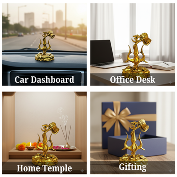 Golden Trishul Damroo Showpiece | Shiva Trishul Damroo | Premium Resin Om Trishul Idol for Car Dashboard, Home Decor & Office Desk | Spiritual Gift Item (7 x 7 x 12 cm)