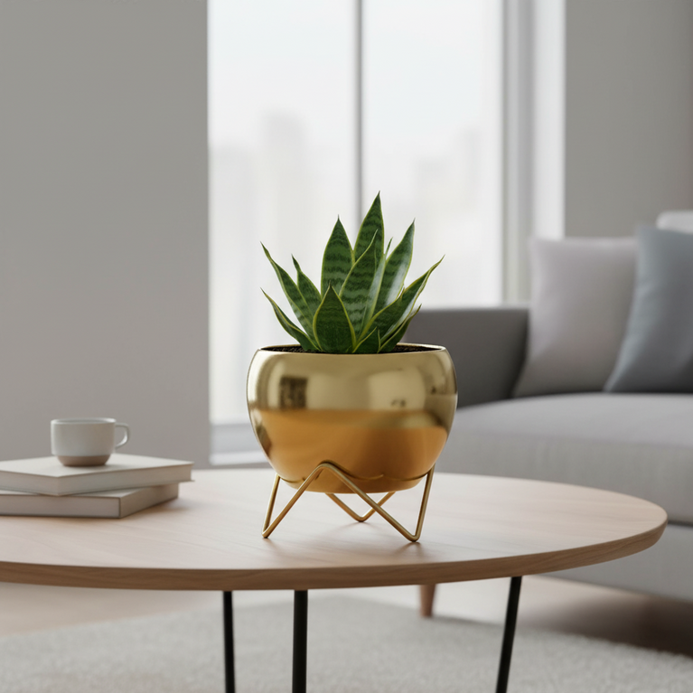 Modern Golden Glossy Metal Planter With Gold Finish Stand| Apple Tabletop Meena Pot with Zig  Zag stand | Gardening | Planter