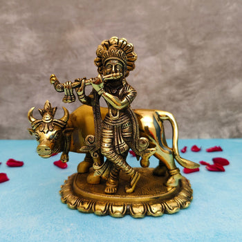 Lord Krishna With Cow Playing Flute | God Idol | Brass | Pooja