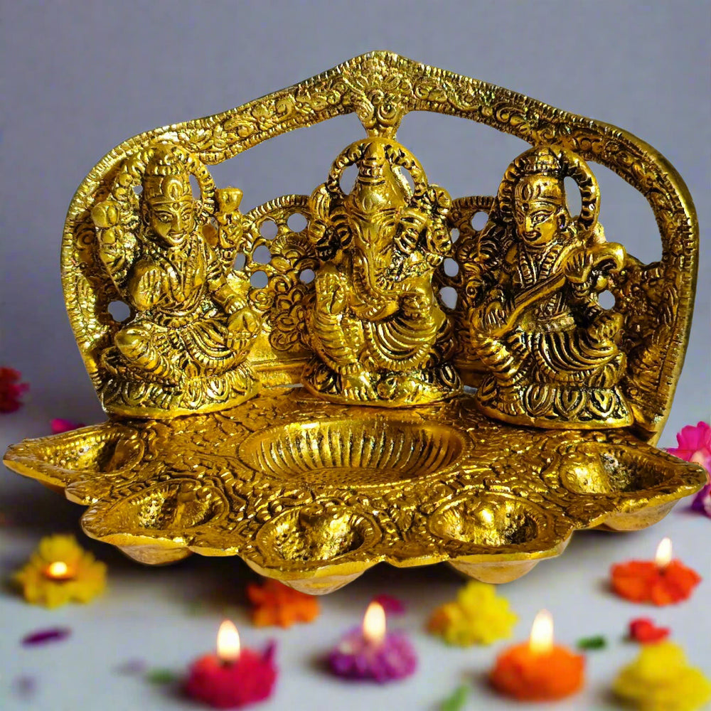 Home Orbit Decorated Diya | Lakshmi Ganesha Saraswati (5 Face Diwali Deepak) for Laxmi Pooja | Brass
