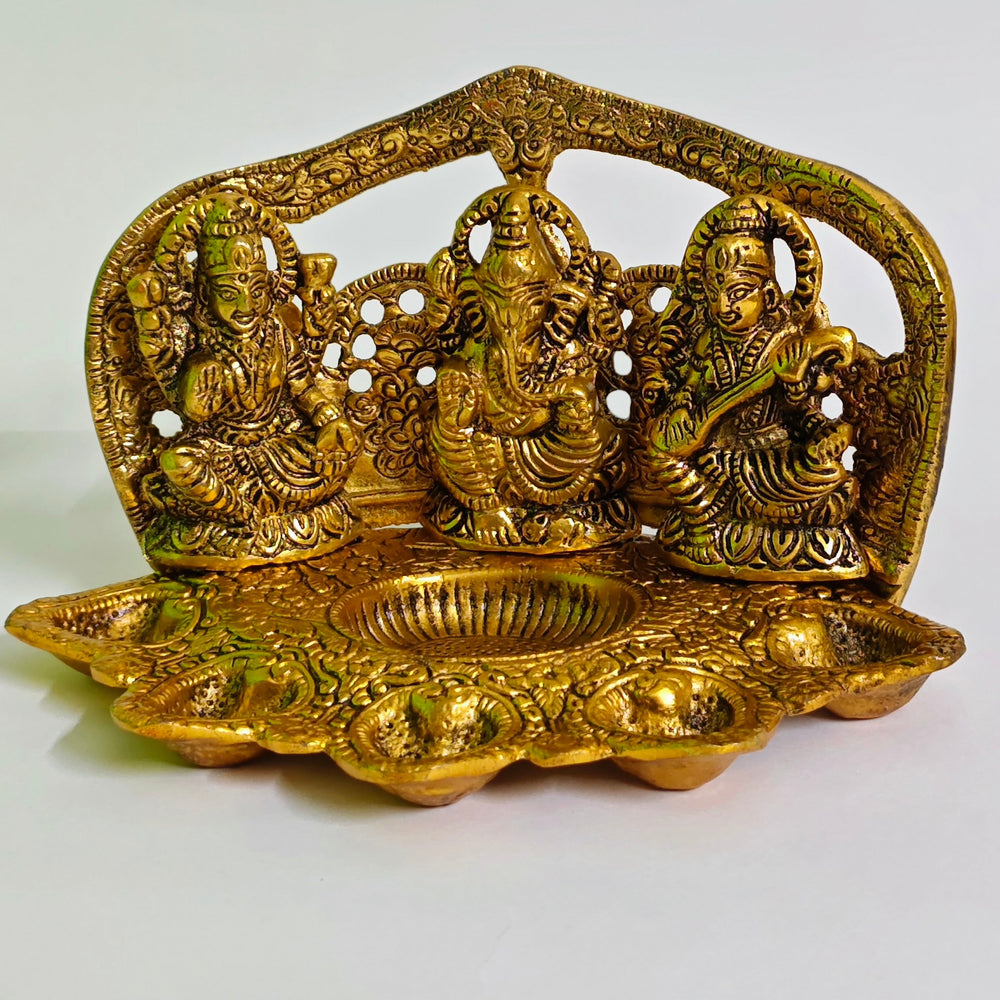 Home Orbit Decorated Diya | Lakshmi Ganesha Saraswati (5 Face Diwali Deepak) for Laxmi Pooja | Brass