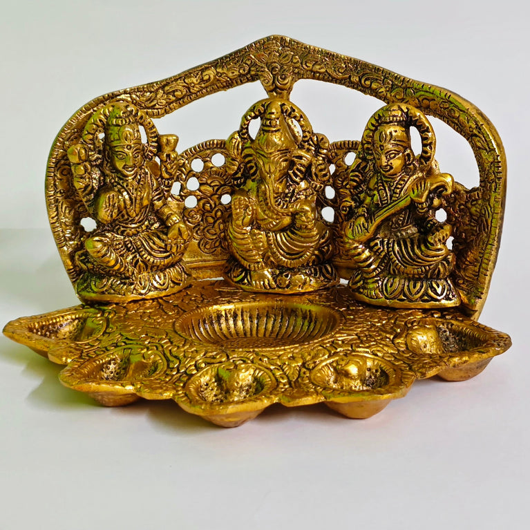 Home Orbit Decorated Diya | Lakshmi Ganesha Saraswati (5 Face Diwali Deepak) for Laxmi Pooja | Brass