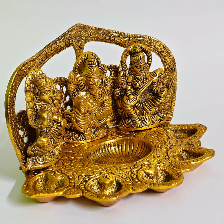 Home Orbit Decorated Diya | Lakshmi Ganesha Saraswati (5 Face Diwali Deepak) for Laxmi Pooja | Brass