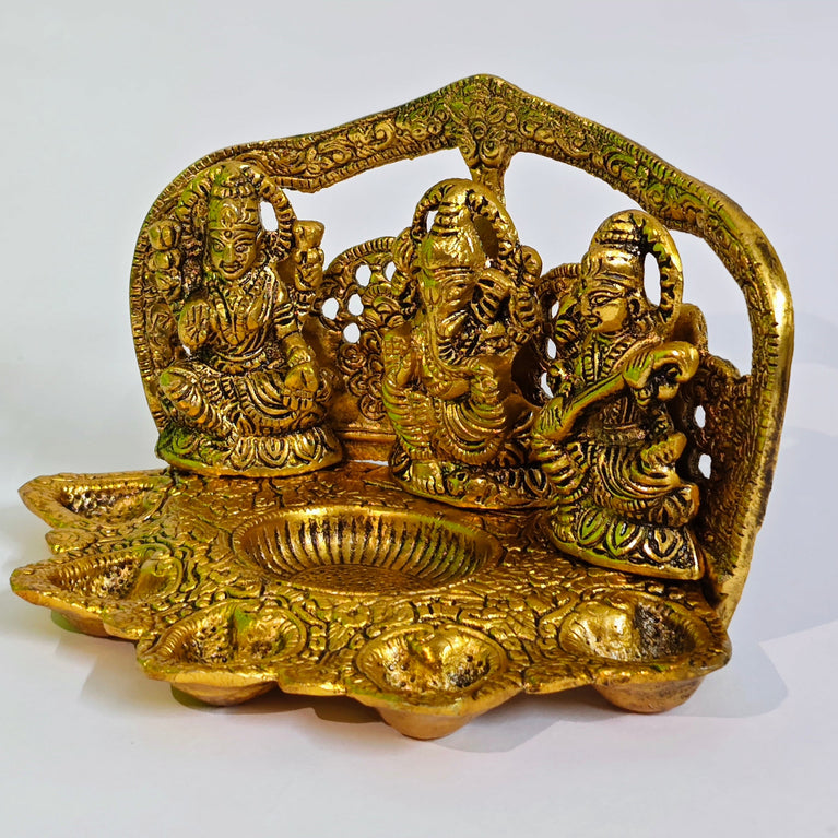 Home Orbit Decorated Diya | Lakshmi Ganesha Saraswati (5 Face Diwali Deepak) for Laxmi Pooja | Brass