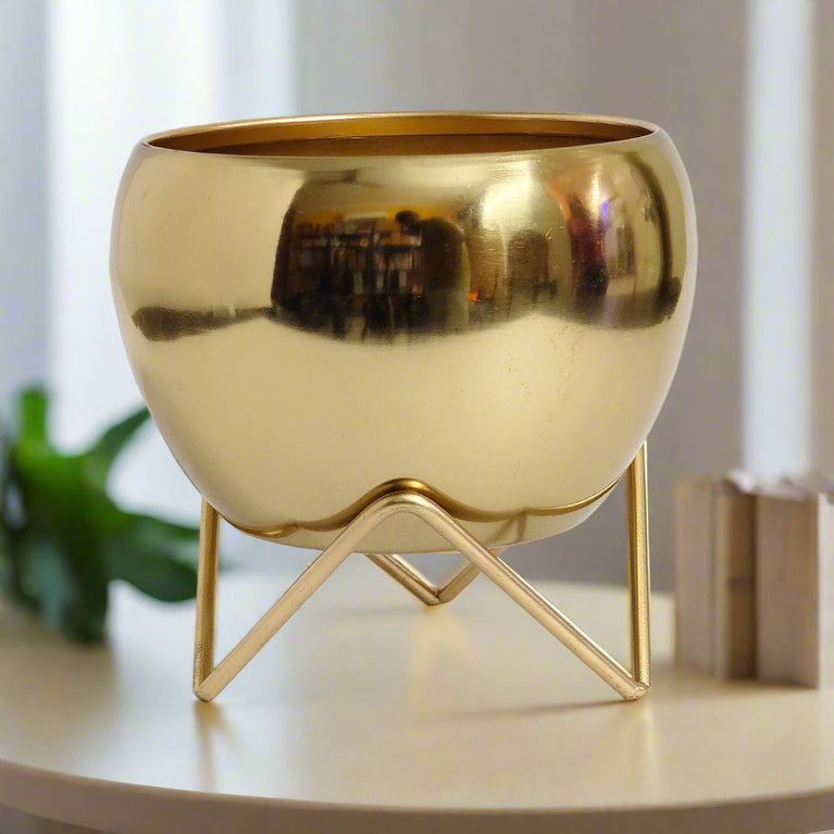Modern Golden Glossy Metal Planter With Gold Finish Stand| Apple Tabletop Meena Pot with Zig  Zag stand | Gardening | Planter