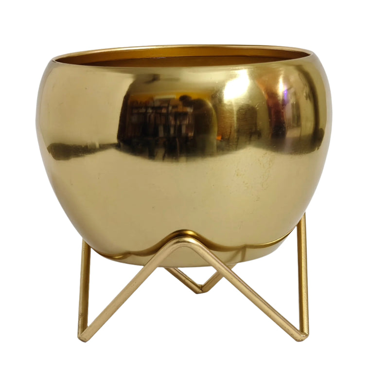 Modern Golden Glossy Metal Planter With Gold Finish Stand| Apple Tabletop Meena Pot with Zig  Zag stand | Gardening | Planter